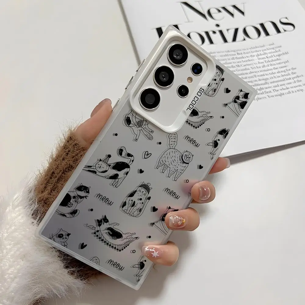 حافظة هاتف متقدمة بسيطة ولطيفة على شكل قطة لهاتف سامسونج جالاكسي S25 Edge S24 S23 S22 S21 S20 Ultra Funda حافظة هاتف فضية من السيليكون