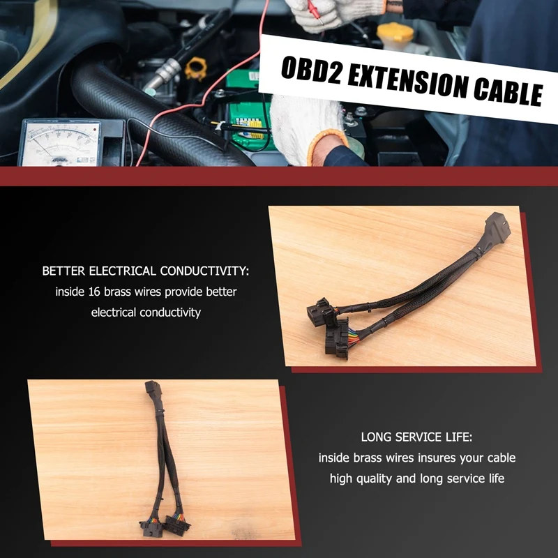 OBD2 macho para fêmea cabo de extensão, Splitter Car Computer Connection, Conversão Plug Socket, 2 em 1, 30cm