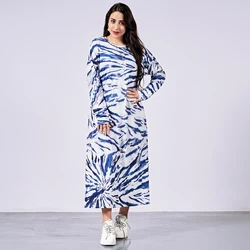 Fridayin Muslim Abaya Fashion Tie-dye Splicing Long Dresses for Women Round Neck Regular Sleeve Female Skirt Kaftan