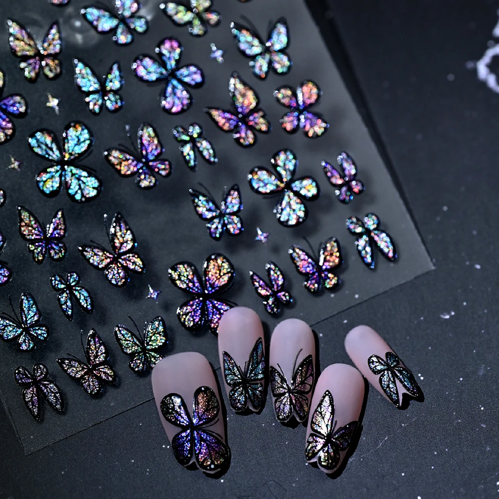 1 Stück 5D Traumhafte Laser-Glitzer-Schmetterling-Nagelaufkleber Glänzende Holographische Blaue Schmetterling-Nagelsticker Selbstklebende Maniküre-Zubehör – Detail 4