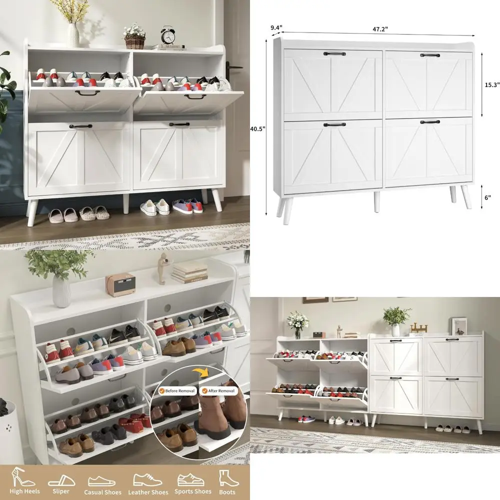 Large Freestanding Farmhouse Style Shoe Cabinet with 4 Flip Drawers for Slim Storage and Entrance Organization