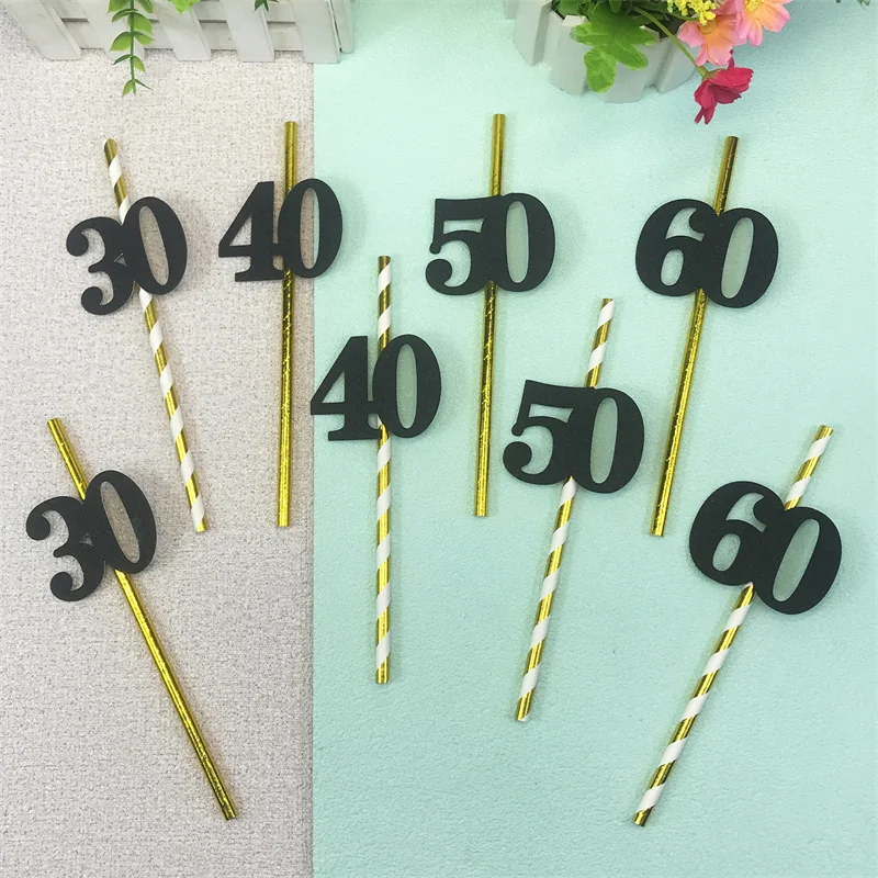 10Pcs Black Number 30 40 50 60 Year Birthday Straws For Adult Happy Birthday Party Wedding Anniversary Decoration Drinking Straw