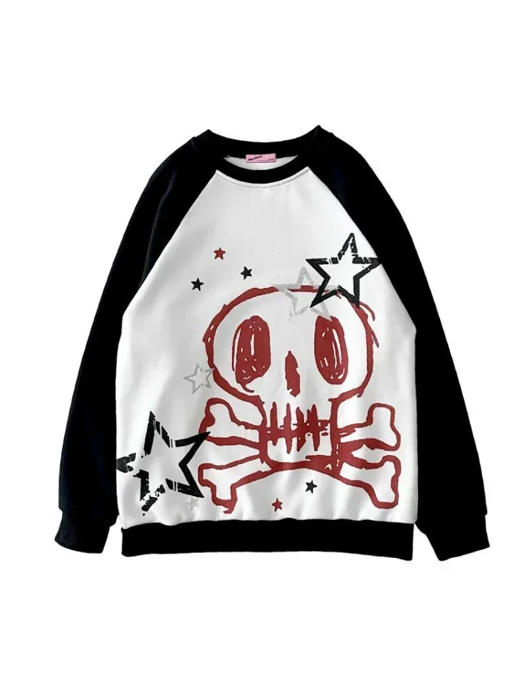 

Women Y2k Cyber Punk Patchwork Long Sleeve T-shirts Harajuku Subcultures Loose Hoodies 90s Emo Gothic Skull Print Sweatshirt