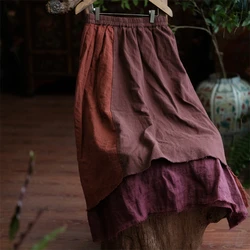 High Waist Cotton Linen Casual Skirt Women New 2025 Spring Vintage Style Patchwork Color Loose Female A-line Long Skirts M504