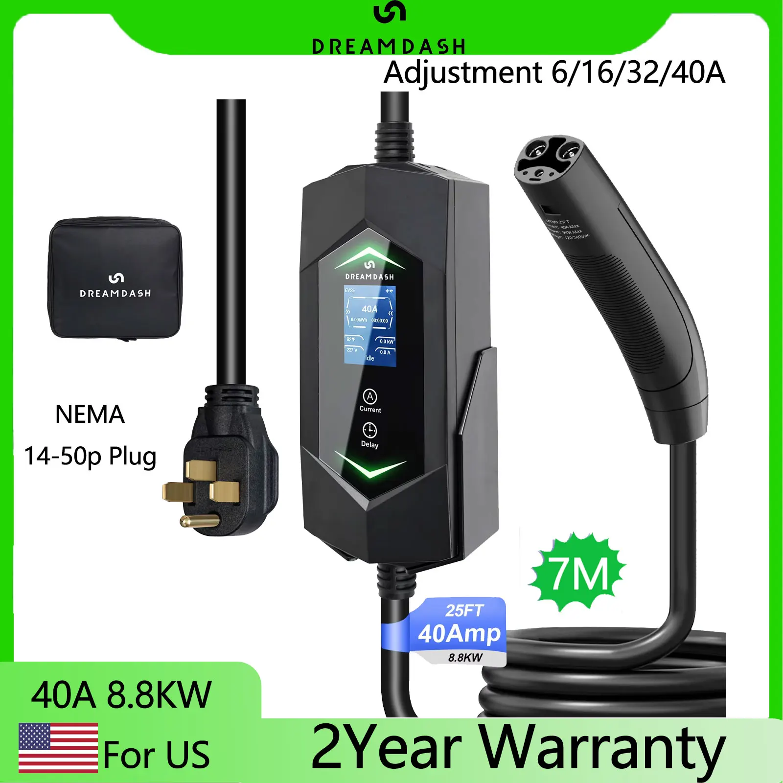 

Dreamdash 40A NACS Portable EV Charger 8.8KW EVSE NEMA 14-50 Plug 7M Cable For Tesla Model 3/Y/S/X Cybertruck