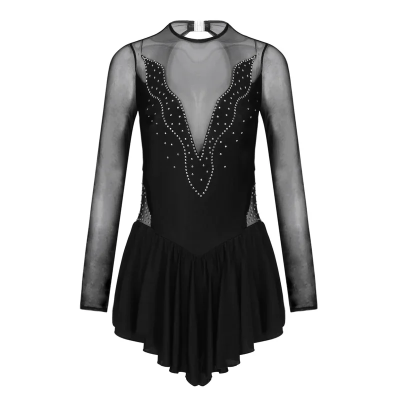 RT01 #   S-XL женское блестящее платье для фигурного катания со стразами, прозрачное сетчатое лоскутное трико с длинными рукавами и рюшами, юбкой Dancew & Gf