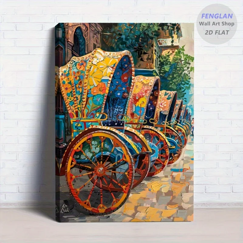 (No frame)2D Flat, 2D Flat Bengal Rickshaw Art Painting - Vibrant Street Scene Framed Oil Painting, Traditional And Modern St