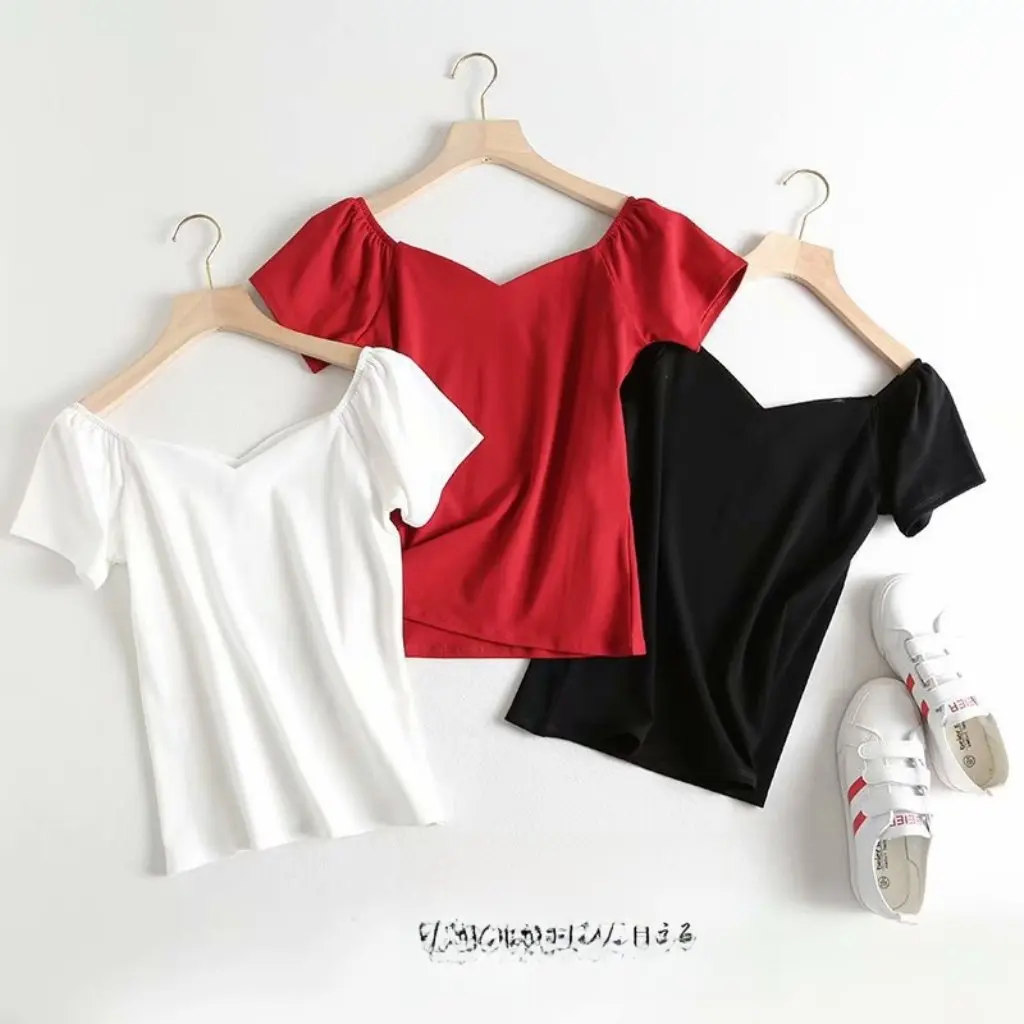 

Swan Neck Japanese Girl White American Retro Short-Sleeved T-Shirt for Women Handsome Ins Stylish Slim Fit Top