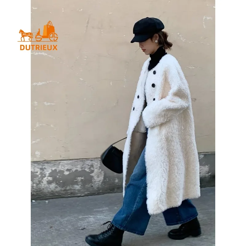 24 invierno nuevo abrigo de piel para mujer, abrigo de lana de cordero de oso de peluche con cuello redondo largo Simple chaqueta cálida de doble botonadura para mujer para trabajar