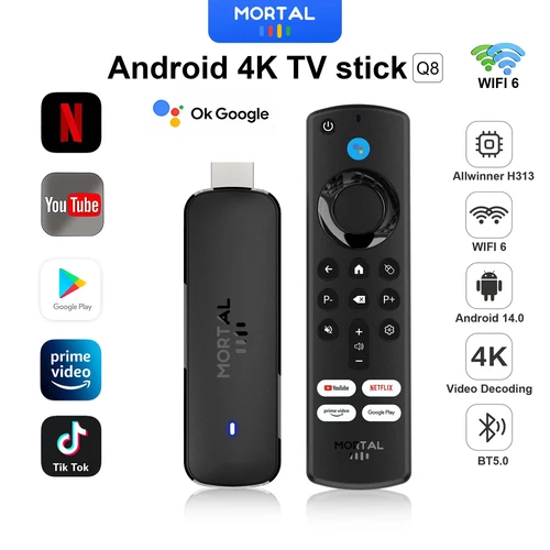 Android TV Stick Mortal Q8 Versión global Control remoto por voz Android14 Video 8K 4K Wifi6 Netflix YouTube Transmisión rápida TV stick