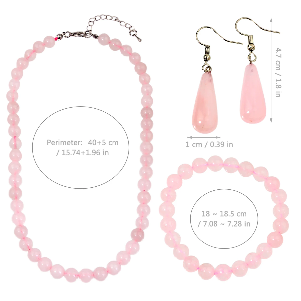 Natural Rose Quartz Jewelry Set 8mm Round Beads Necklace Elastic Bracelet Droplet Shaped Earrings Romantic Valentine\'s Day Gift