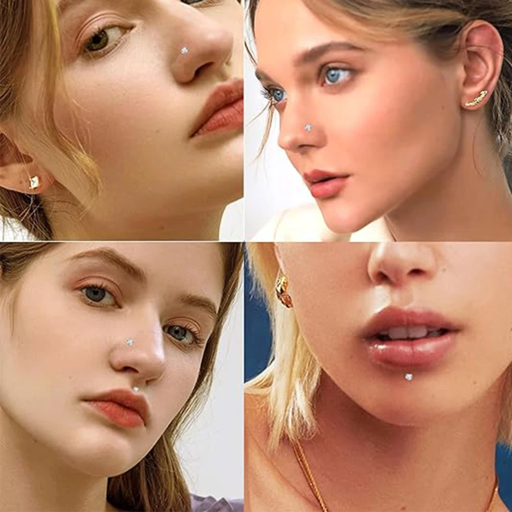 5pcs/lot S-Shaped Nose Nostril Piercings Set 1.5/2/2.5/3/3.5mm Crystals Ear Studs Labret Rings for Women Men Stainless Nose Stud