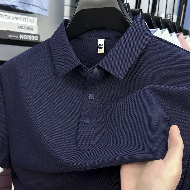 Men's Ice Silk Polo Shirt Antibacterial Seamless Solid Color Short Sleeve Summer Business Casual T-shirt