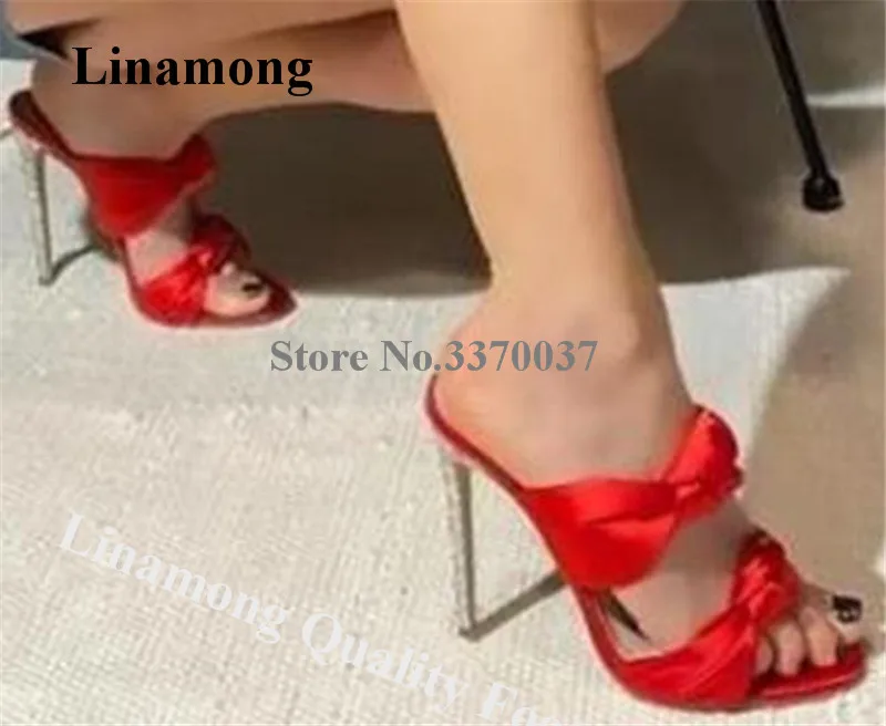 Glitter Stiletto Heel Patchwork Bowtie Sandals Linamong Open Toe Red Satin Knotted High Heel Slippers Bling Bling Wedding Heels