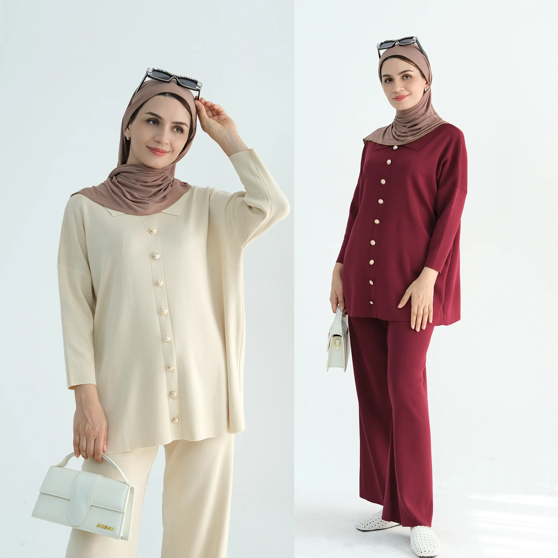 New Muslim Sets Knitted Sweater Wide Leg Pants Suit for Women Autumn/winter Loose Fashion Two-piece Set Islamic Outfits Casual