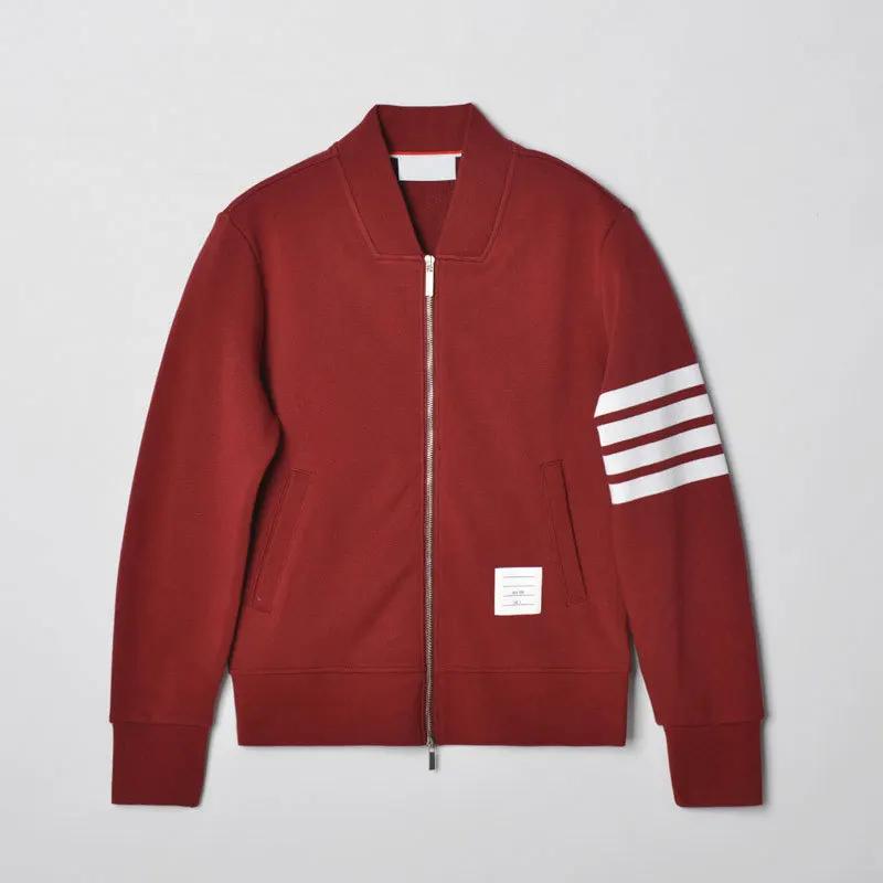 

Red Career Year Four Stripe Zipper Hoodie Jaet Men's Casual Versatile Long Sve Stand Collar Baseball Sle Trendy Outerwear