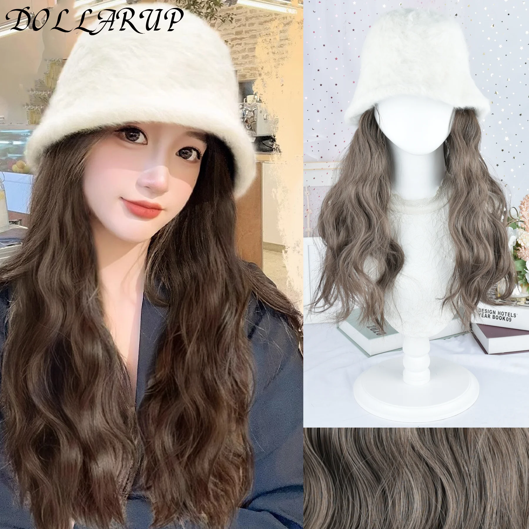 Synthetic Hat Wig Beanies Hat With Hair Wigs For Women Long Wavy Hair Warm Soft Ski Knitted Autumn Winter Cap Heat Resistant