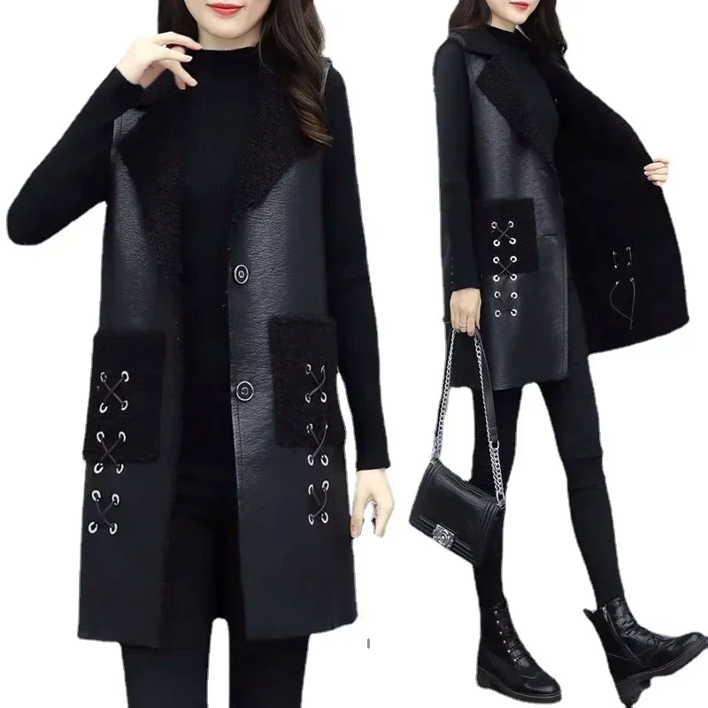 Winter wool Leather Vest Women\'s Clothing 2025 PU Jacket Korean Solid Sleeveless Vest Mid Long Coat Female Waistcoat Outerwear