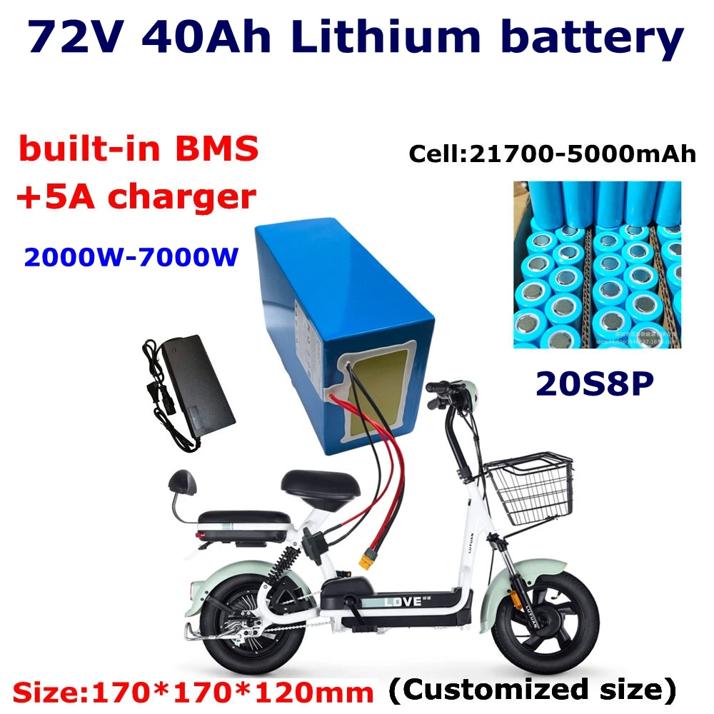

20S8P 21700, литий-ионный аккумулятор 72 В, 40 Ач, BMS 2000 Вт, 4000 Вт, 7000 Вт, скутер, электронный велосипед, Go Cart, зарядное устройство для мото.avec 84 В 5 А,