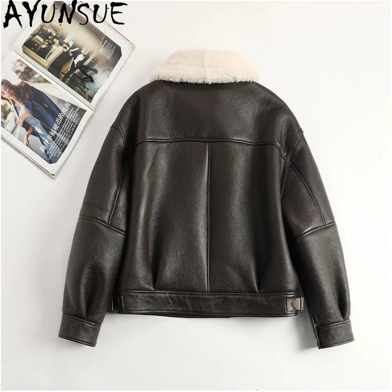 2024 AYUNSUE Winter Merino Sheep Fur Jacket for Women Real Coat Womens Clothing Short Lamb Coats Retro Motorcycle Wear