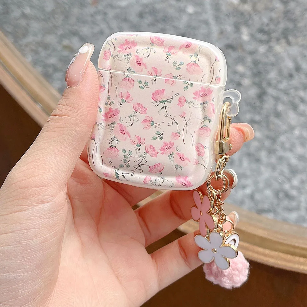 INS Fresh Flower Cute Pink Floral Case For Apple Airpods Pro 2 1 3 Wireless Earphone Charging Box Cover Flowers Pendant Keychain