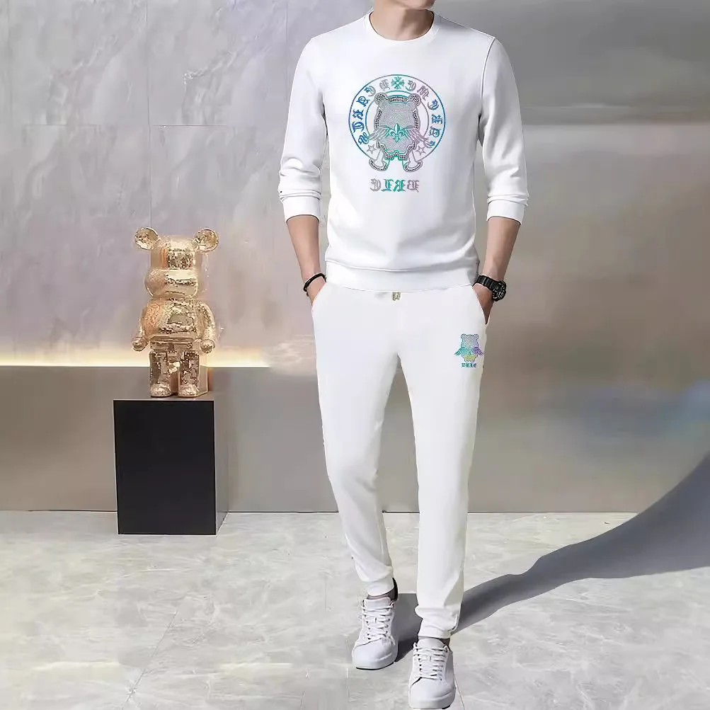 

Men's Light Luxury Crew Neck Sweatshirt Trendy Rhinestone Casual Pullover Pants Sports Set Handsome Fashion Trendy Male Clothing