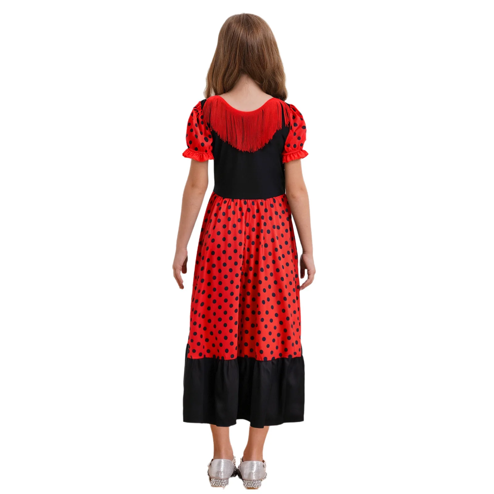 Kids Girls Flamenco Dance Dress Halloween Performance Costume Tassels Round Neck Short Puff Sleeves Dots Color Block Midi Dress