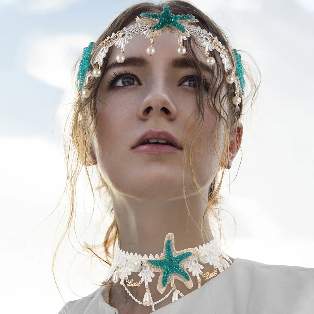

White Lace Coral Shell Headb Necklace Stylish Headdress Durable Materials Beach Party Accessories Perfect Gift Hair Decor