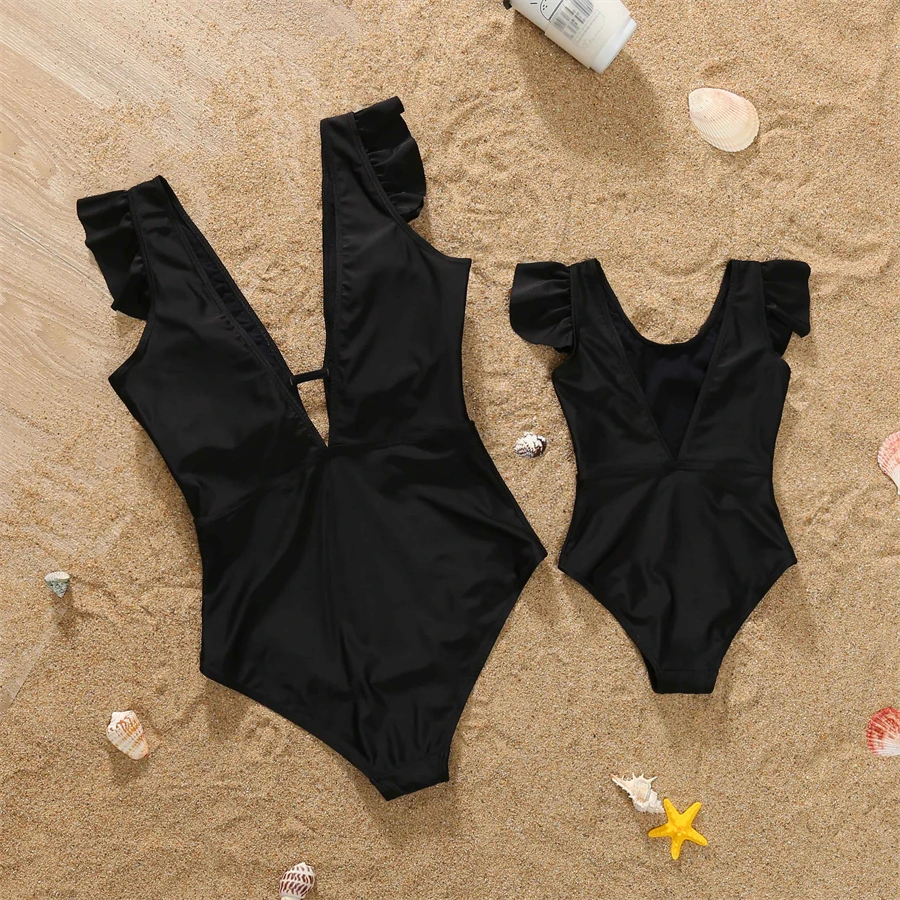 One-Piece Mother Daughter Matching Swimsuits Family Set Ruffled Mom Baby Mommy and Me Swimwear V-Neck Women Girls Bikini Clothes