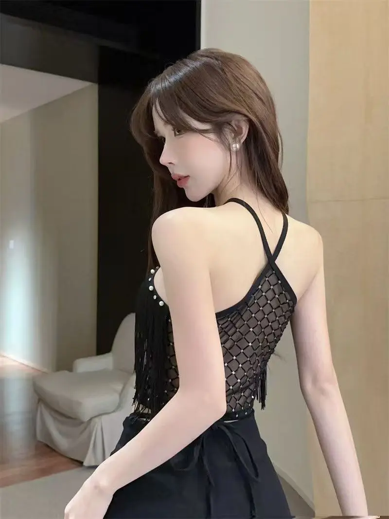Summer New Women Halter Top Padded Cups Long Tassel Pearl Sparkling Diamond Retro Millennial Female Sexy Halter