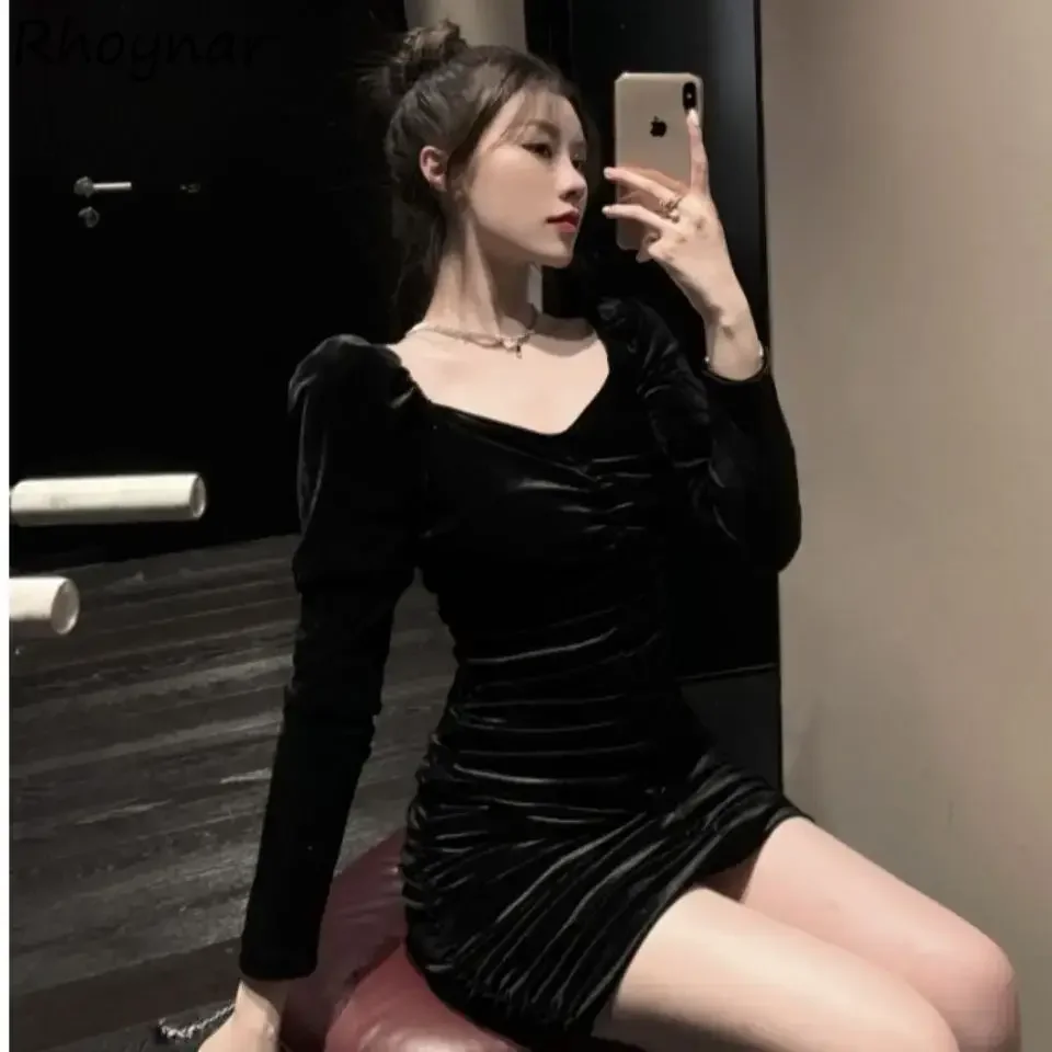 

Платье с длинным рукавом, женское элегантное черное мини-классическое женское повседневное модное винтажное клубное платье, осенняя мягкая трапециевидная одежда с квадратным воротником