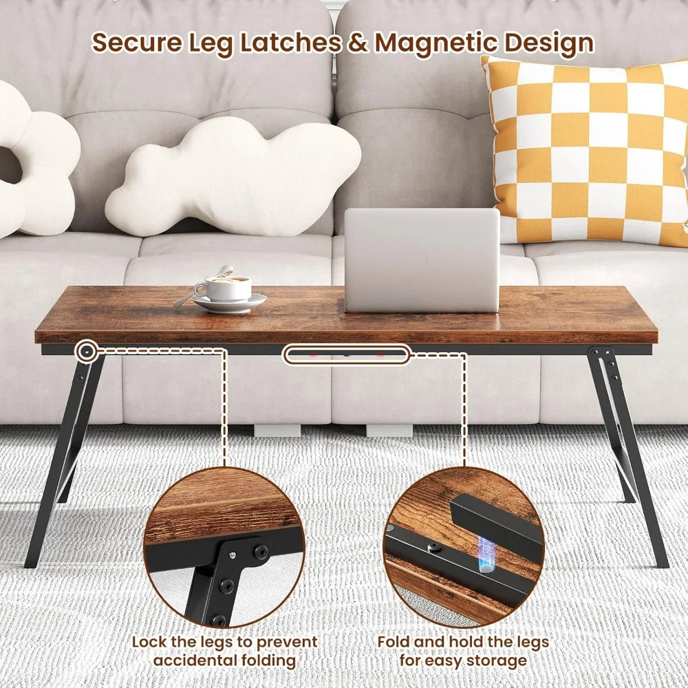 Folding Coffee Table, Leg Latches Portable Sturdy Floor Table Desk for Sitting on The Floor, No Assembly Low Coffee Table