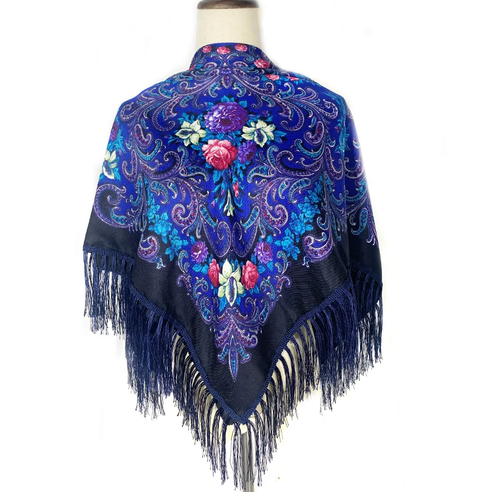 115*115cm Women Russian Scarf Luxury Floral Print Square Bandana Ukrainian Fringed Shawl Babushka Handkerchief Head Wraps