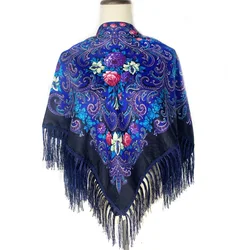 115*115cm Women Russian Scarf Luxury Floral Print Square Bandana Ukrainian Fringed Shawl Babushka Handkerchief Head Wraps