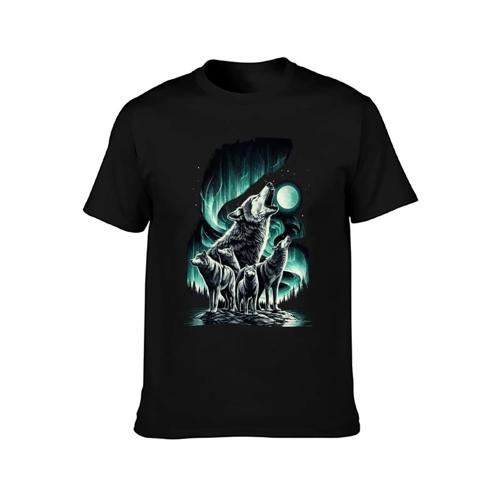 Pack of Wolves Howling Under the Northern Lights in a Stunning Landscape T-Shirt Summer Casual Cotton Tee Unisex Men Women
