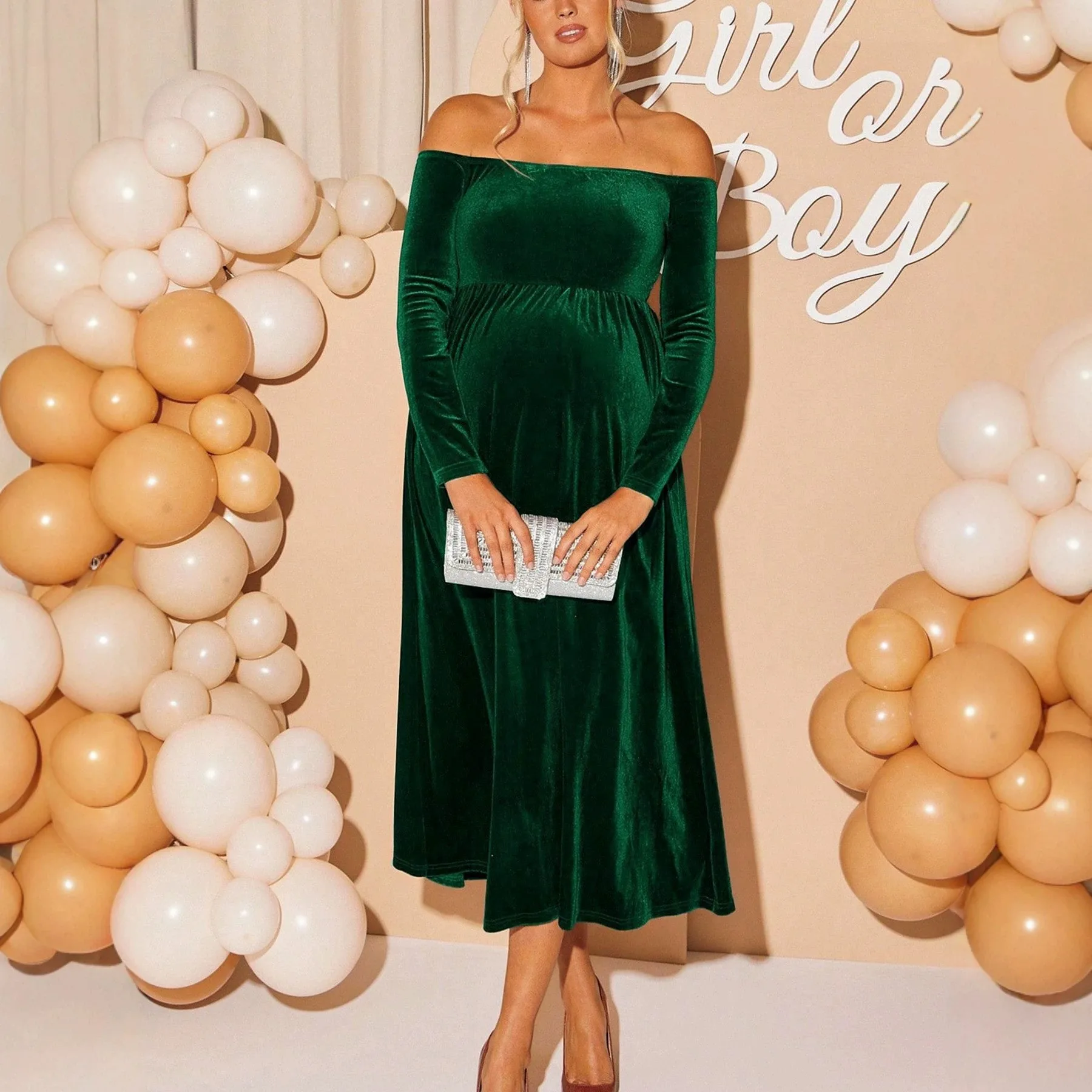 High Waist Gown Long Sleeve Midi Length English Style with Off Shoulder Elegant Style Regular Sleeve Pullover Autumn for Women