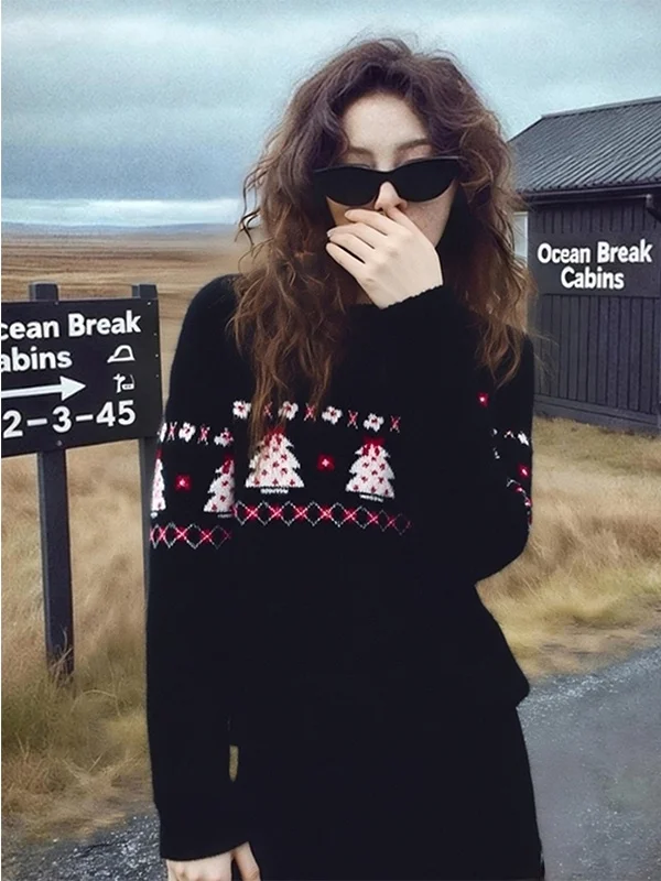 

Fashionable Black Fair Isle Sweater Set Women's New Autumn Winter Atmosphere Clothing Embroidered Top Short Skirt Two-Piece Set