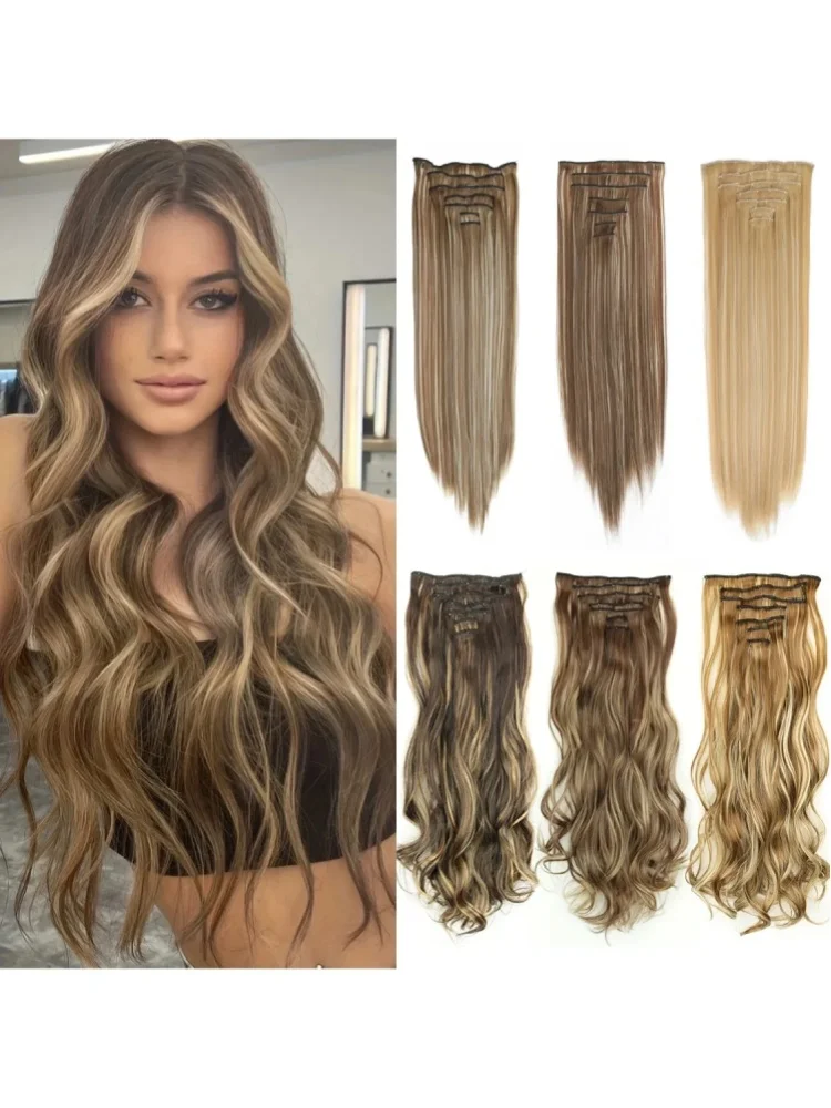 7-teiliges Set mit 16 Clips, Haarverlängerung, schwarz, lang, glatt, natürliches Haar, Ombre-Haarteil, hitzebeständige Faser für 2027