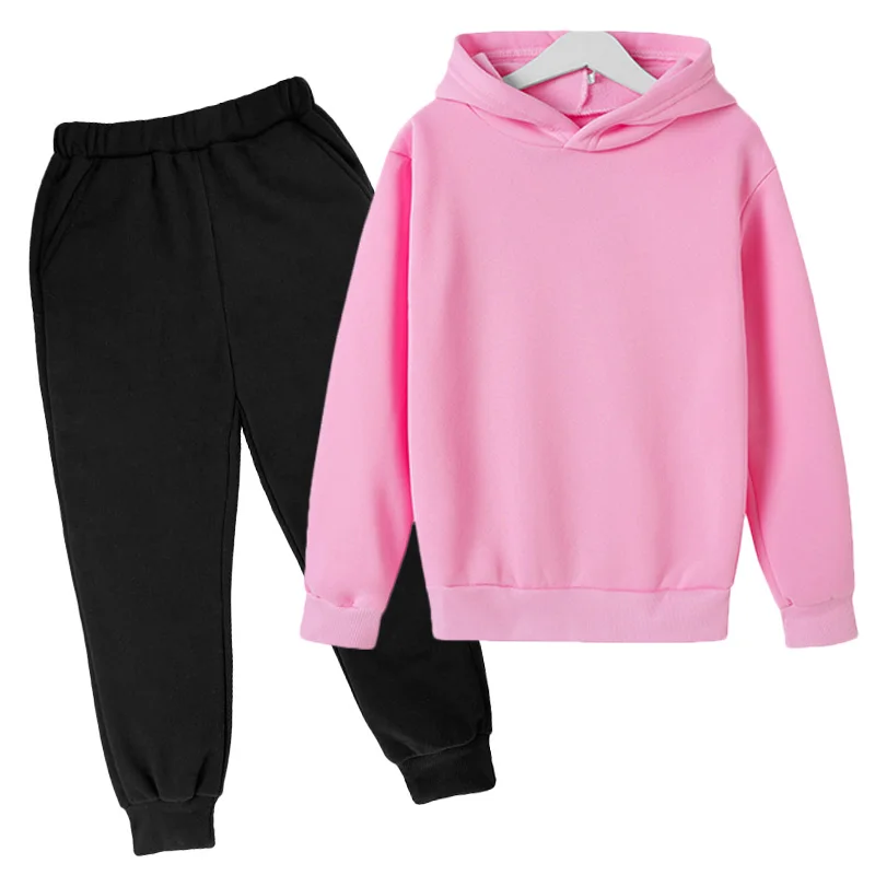 Kids hot selling hooded sweatshirt set for boys and girls aged 2-12, casual sports, outdoor jogging, solid color top+pants