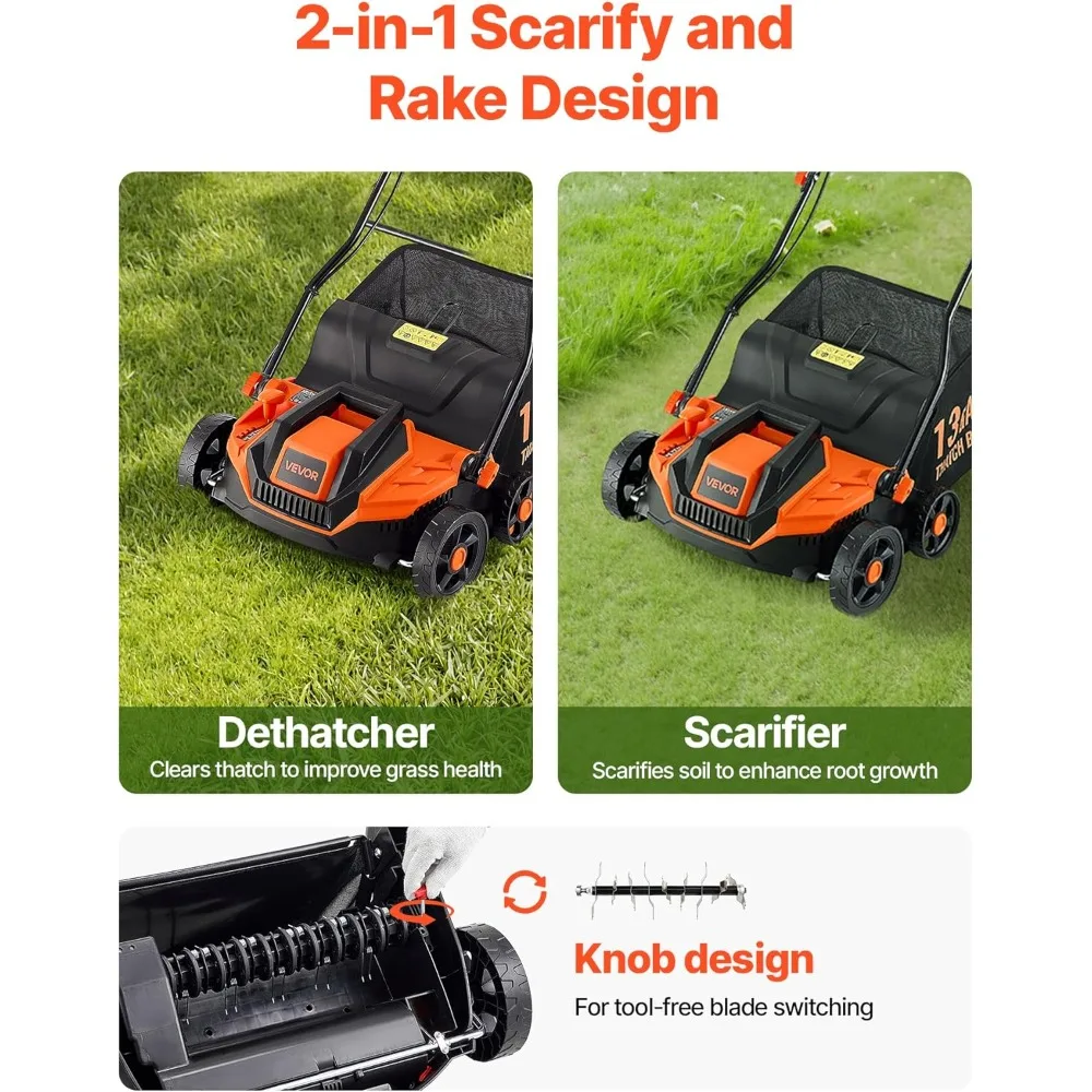 13-Inch 2-in-1 Electric Dethatcher and Scarifier,  Corded Lawn w/13-Gallon Thatch Collection Bag, 5-Position Depth Adjustment
