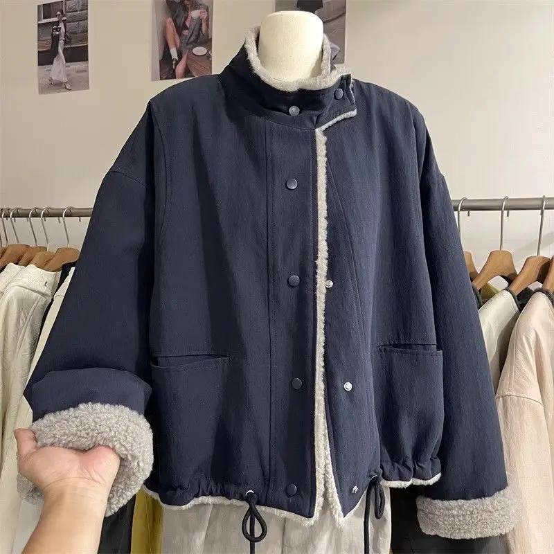 Autumn and Winter New Women's Imitation Lamb Wool Cotton Jacket Windproof Stand Up Collar Jacket