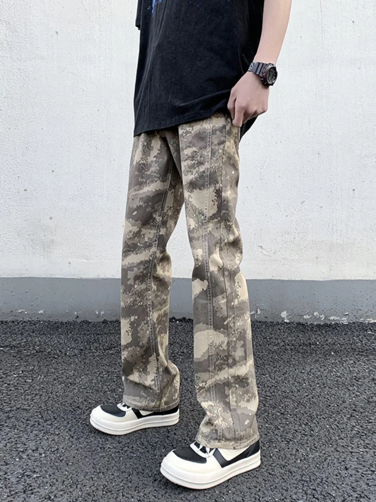 

Камуфляжные брюки American Vibe, мужские брюки в уличном стиле с высокой талией, облегающие, расклешенные, повседневные длинные брюки, модная молодежная одежда
