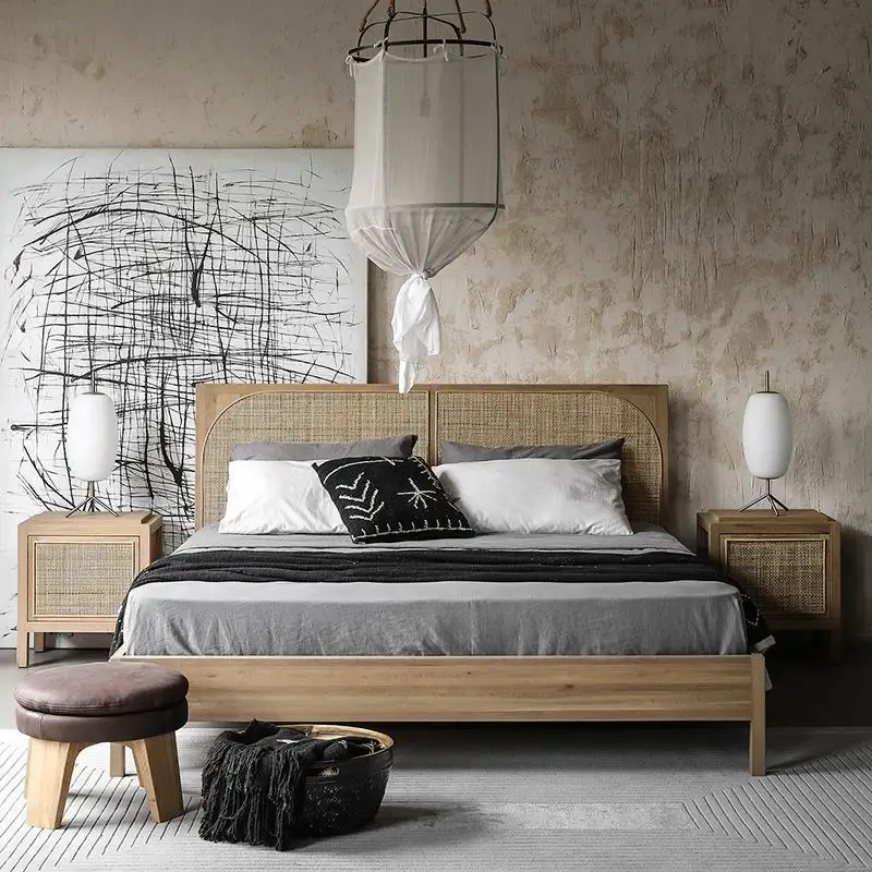 

Nordic retro solid wood rattan bed wabi sandy wind oak master bedroom B & B hotel 1.5m 1.8m double rattan art bed