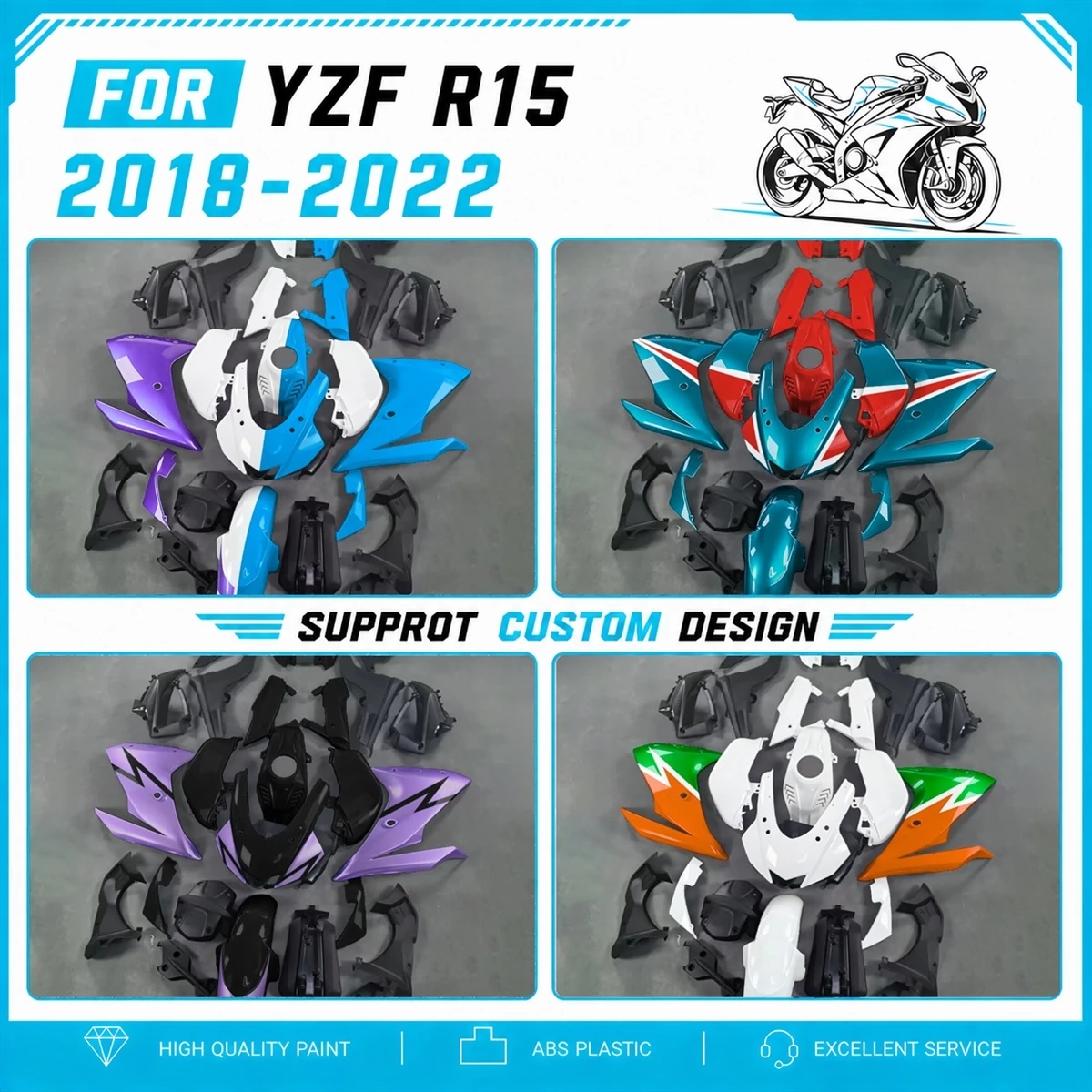 Motorbike Accessories Bodywork Injection Full Panel Fairing Kit for YZFR15 YZF R15 2018-2022 18-22 ABS Fairings Parts