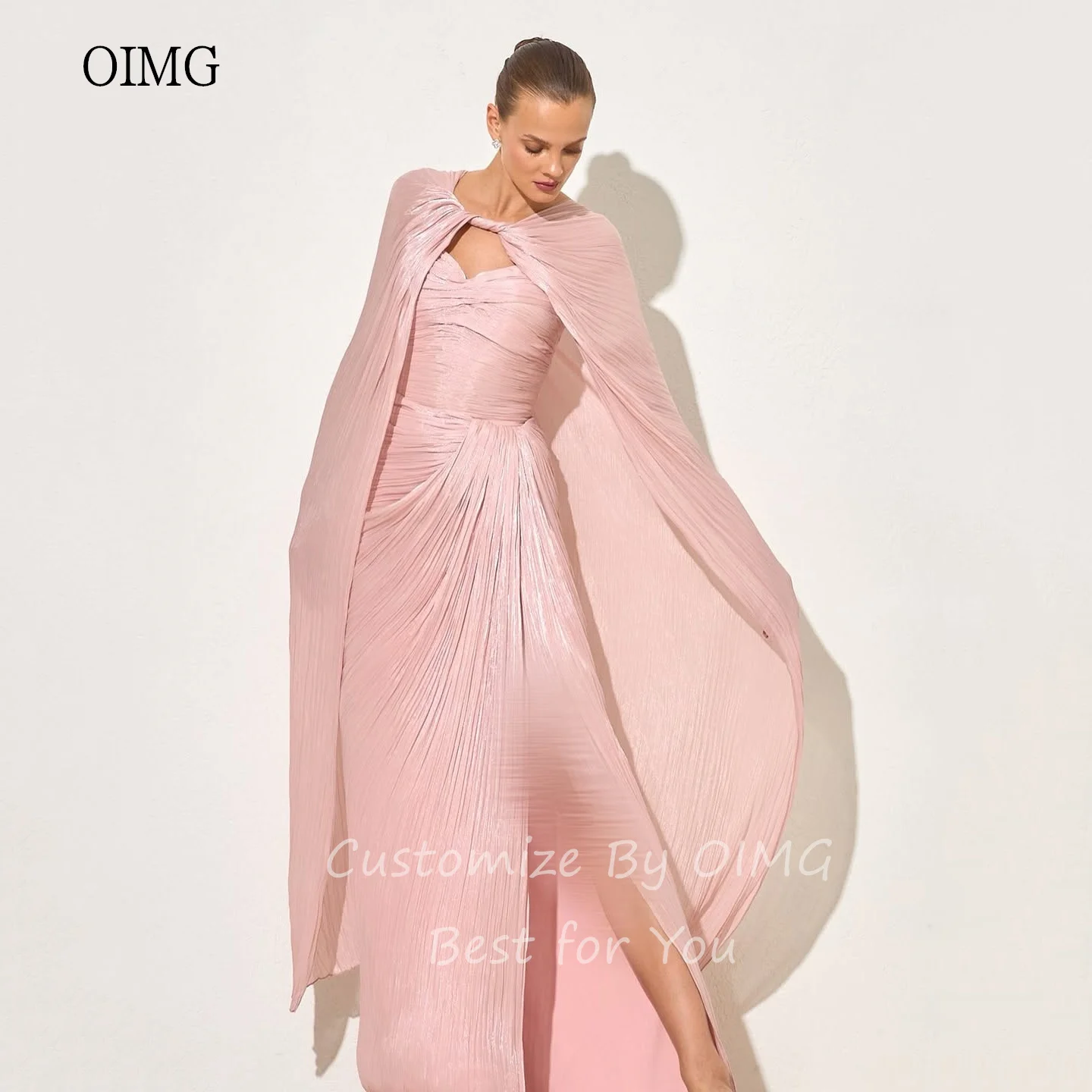 OIMG Flowy Pink/Sky Blue Mermaid Prom Gowns Cap Sleeves Party Gown Shimmery Side Slit Floor Length Evening Dress Customized image 4