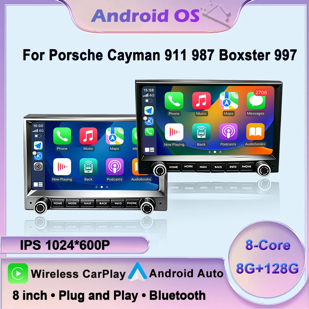 Android 16 For Porsche Cayman 911 987 Boxster 997 Car Radio Lntelligent Multimedia Player Auto Wireless CarPlay WIFI 4G DSP GPS