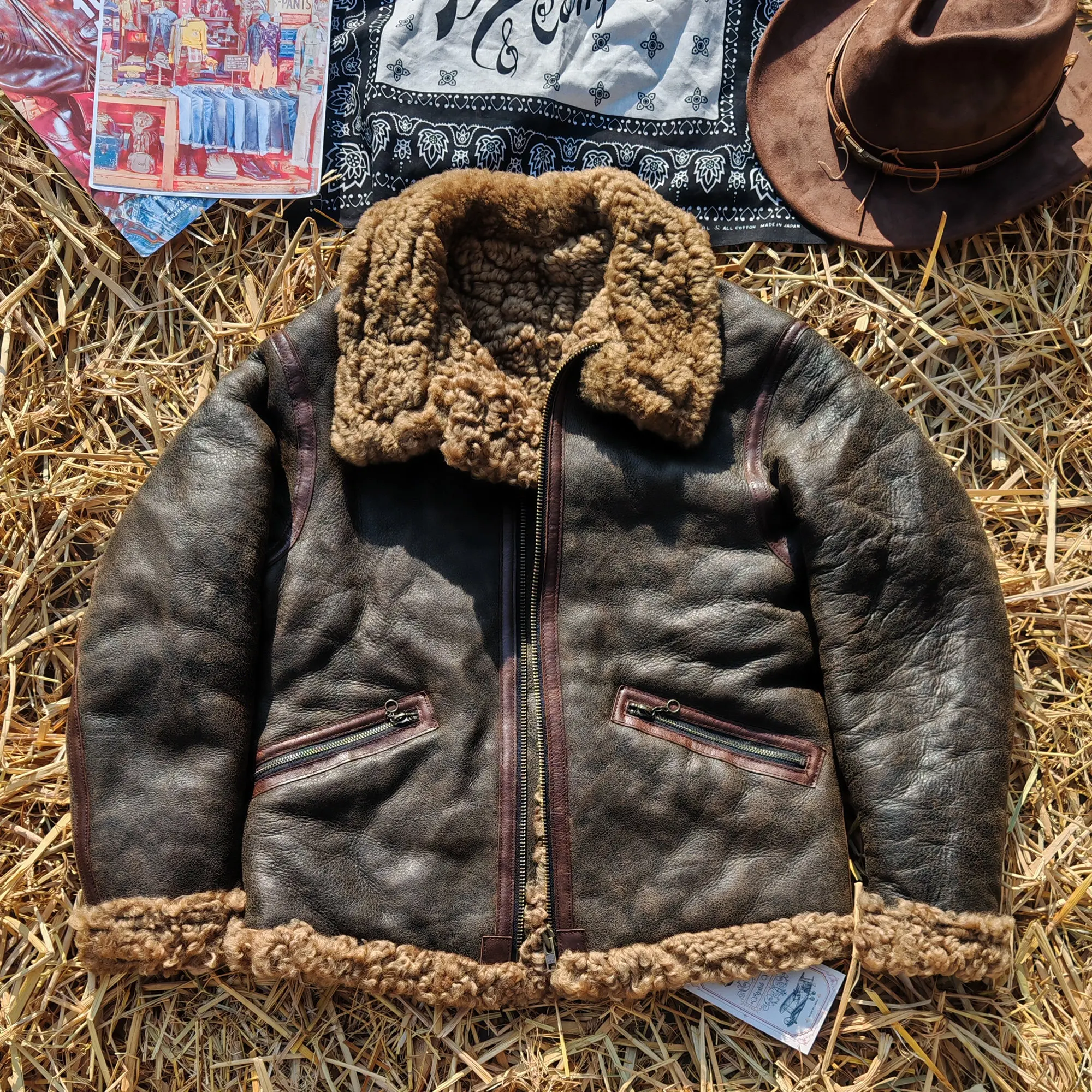 Picture 4: Dark Brown Winter Shearling Jacket Men Retro Vintage Style Plus Size 6XL Genuine Natural Thick Sheepskin Military Flight Coat