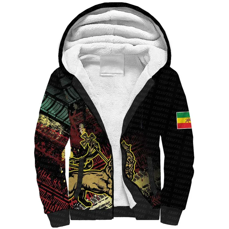 

Ethiopia County Flag Lion Reggae Africa Native Tribe Tattoo 3DPrint Men/Women Winter Coat Zipper Fleece Hoodies Casual Jacket A0
