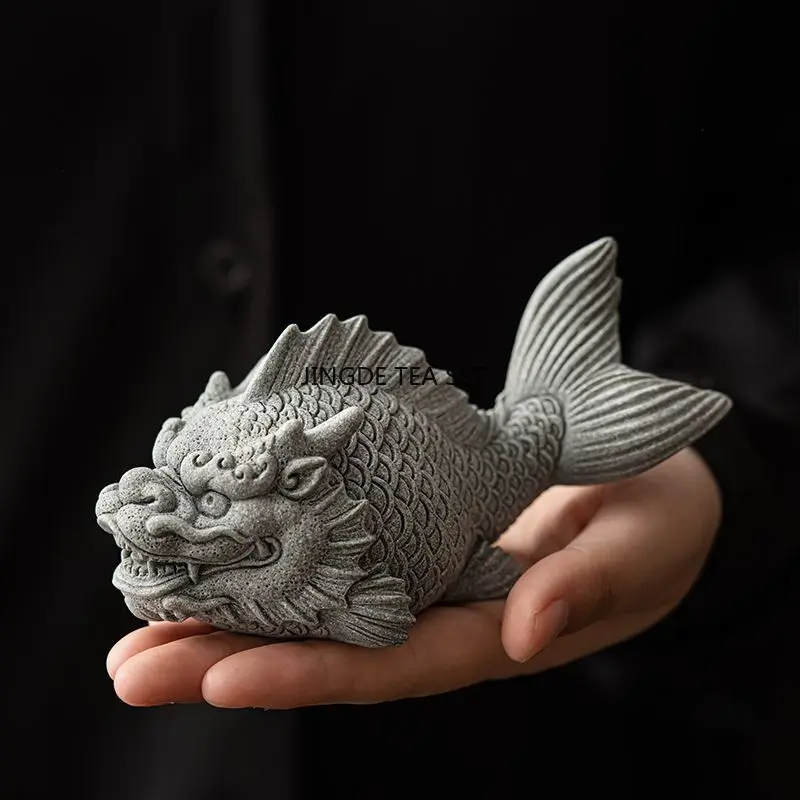 Blue Sandstone Fish Dragon Decorative Ornament Simple Retro Living Room Home Creative Landscape Tea Pet