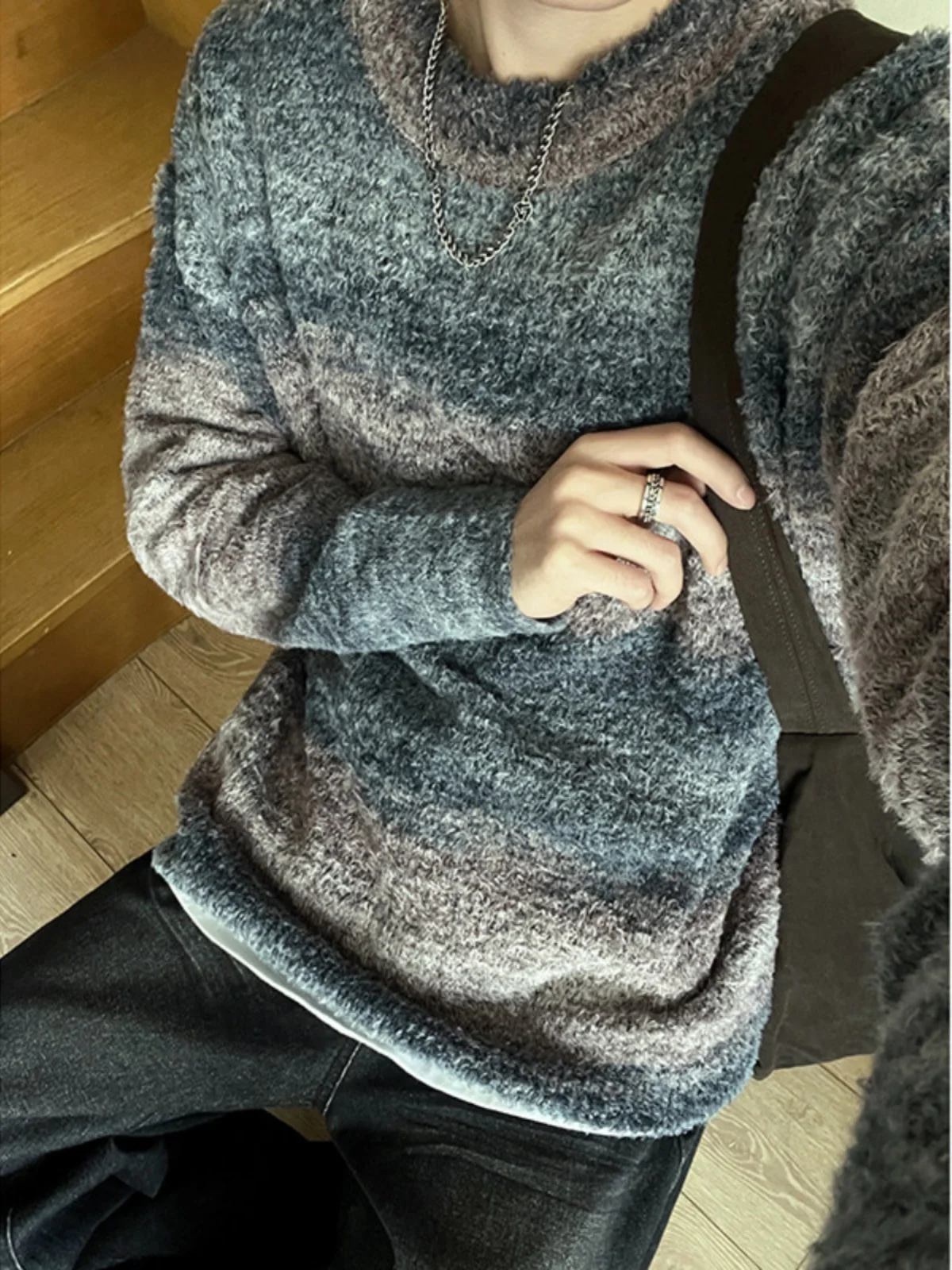 

Men's adient Color Long Sve Sweater Autumn Winter American Retro Splicing Lazy Sle Couple Jaet Casual Loose Fit